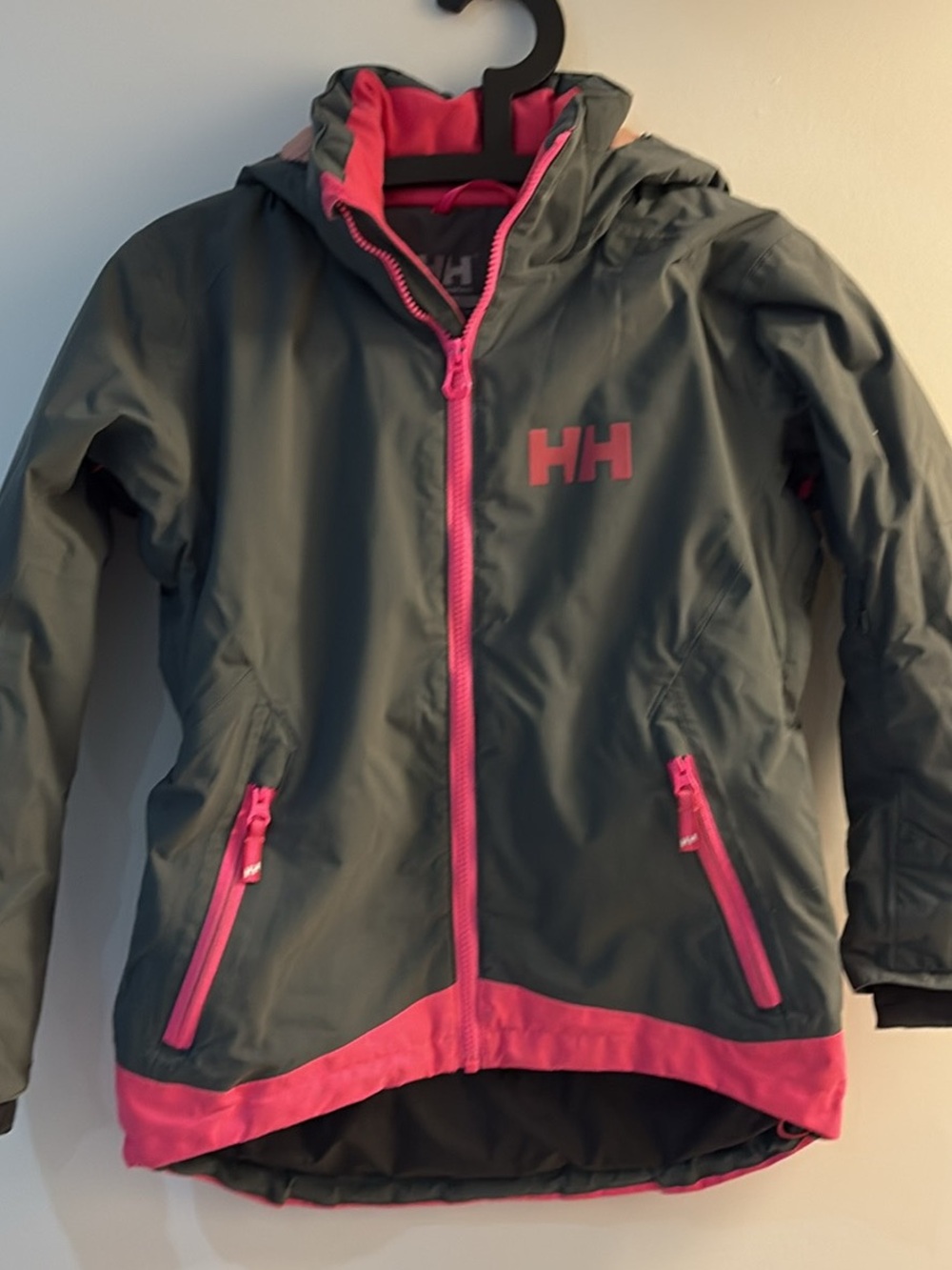 Helly Hansen Kids Hooded ski jacket in Gray with Bright Pink Trim
